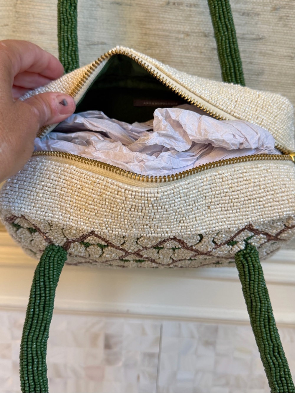 NWT new Anthropologie beaded box shaped shoulder bag green bows white - Picture 6 of 17